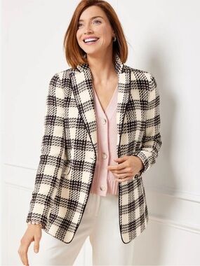 Talbots LAKE TWEED BLAZER Black White Pink Plaid preppy Single-Button jacket 6